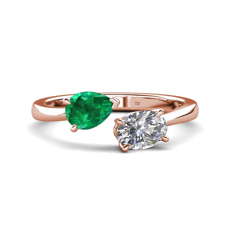 Afra 1.80 ctw Emerald Pear Shape (7x5 mm) & White Sapphire Oval Shape (7x5 mm) Toi Et Moi Engagement Ring 