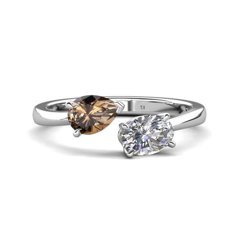 Afra 1.65 ctw Smoky Quartz Pear Shape (7x5 mm) & White Sapphire Oval Shape (7x5 mm) Toi Et Moi Engagement Ring 