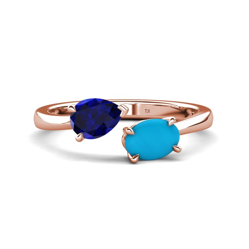 Afra 1.60 ctw Blue Sapphire Pear Shape (7x5 mm) & Turquoise Oval Shape (7x5 mm) Toi Et Moi Engagement Ring 