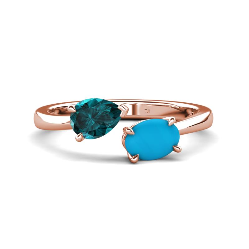 Afra 1.55 ctw London Blue Topaz Pear Shape (7x5 mm) & Turquoise Oval Shape (7x5 mm) Toi Et Moi Engagement Ring 