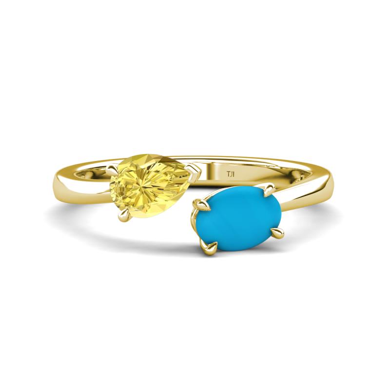 Afra 1.60 ctw Yellow Sapphire Pear Shape (7x5 mm) & Turquoise Oval Shape (7x5 mm) Toi Et Moi Engagement Ring 