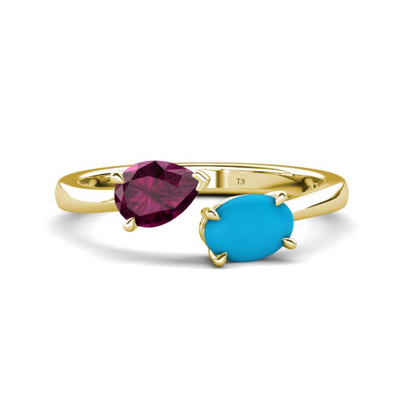 Afra 1.60 ctw Rhodolite Garnet Pear Shape (7x5 mm) & Turquoise Oval Shape (7x5 mm) Toi Et Moi Engagement Ring 