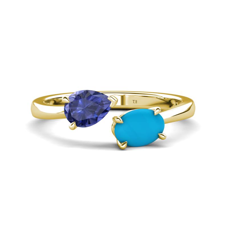 Afra 1.30 ctw Iolite Pear Shape (7x5 mm) & Turquoise Oval Shape (7x5 mm) Toi Et Moi Engagement Ring 