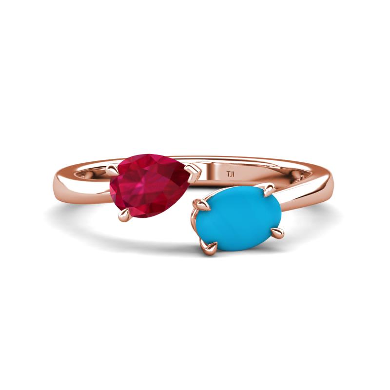Afra 1.65 ctw Ruby Pear Shape (7x5 mm) & Turquoise Oval Shape (7x5 mm) Toi Et Moi Engagement Ring 