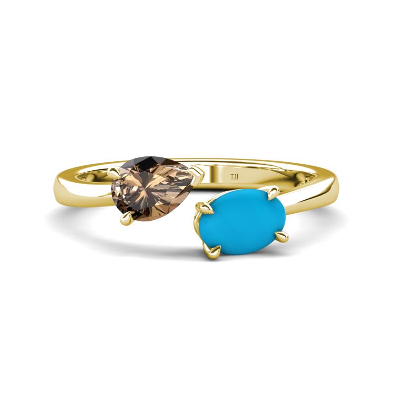 Afra 1.35 ctw Smoky Quartz Pear Shape (7x5 mm) & Turquoise Oval Shape (7x5 mm) Toi Et Moi Engagement Ring 