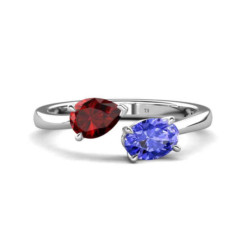 Afra 1.75 ctw Red Garnet Pear Shape (7x5 mm) & Tanzanite Oval Shape (7x5 mm) Toi Et Moi Engagement Ring 