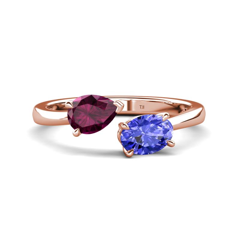 Afra 1.75 ctw Rhodolite Garnet Pear Shape (7x5 mm) & Tanzanite Oval Shape (7x5 mm) Toi Et Moi Engagement Ring 