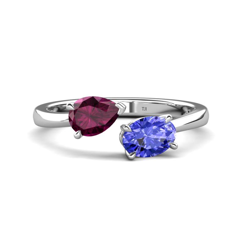 Afra 1.75 ctw Rhodolite Garnet Pear Shape (7x5 mm) & Tanzanite Oval Shape (7x5 mm) Toi Et Moi Engagement Ring 