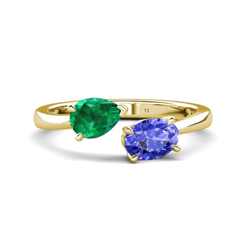Afra 1.65 ctw Emerald Pear Shape (7x5 mm) & Tanzanite Oval Shape (7x5 mm) Toi Et Moi Engagement Ring 