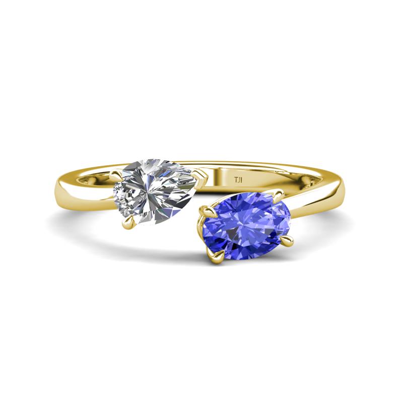 Afra 1.75 ctw White Sapphire Pear Shape (7x5 mm) & Tanzanite Oval Shape (7x5 mm) Toi Et Moi Engagement Ring 