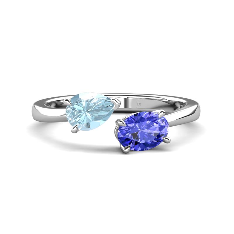 Afra 1.45 ctw Aquamarine Pear Shape (7x5 mm) & Tanzanite Oval Shape (7x5 mm) Toi Et Moi Engagement Ring 