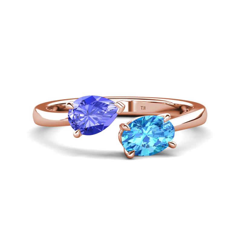 Afra 1.75 ctw Tanzanite Pear Shape (7x5 mm) & Blue Topaz Oval Shape (7x5 mm) Toi Et Moi Engagement Ring 