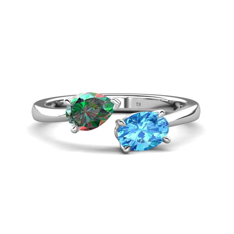 Afra 1.86 ctw Lab Created Alexandrite Pear Shape (7x5 mm) & Blue Topaz Oval Shape (7x5 mm) Toi Et Moi Engagement Ring 