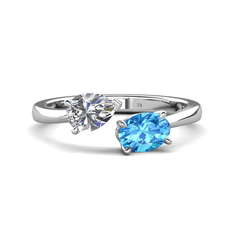 Afra 1.85 ctw Moissanite Pear Shape (7x5 mm) & Blue Topaz Oval Shape (7x5 mm) Toi Et Moi Engagement Ring 