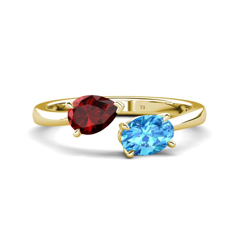 Afra 1.90 ctw Red Garnet Pear Shape (7x5 mm) & Blue Topaz Oval Shape (7x5 mm) Toi Et Moi Engagement Ring 