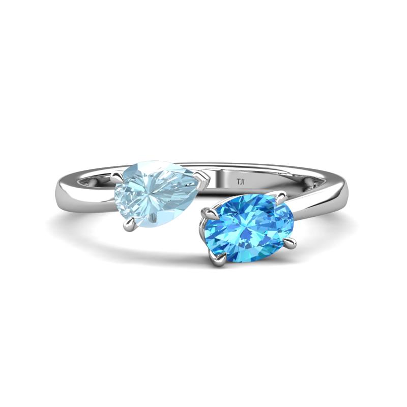 Afra 1.60 ctw Aquamarine Pear Shape (7x5 mm) & Blue Topaz Oval Shape (7x5 mm) Toi Et Moi Engagement Ring 