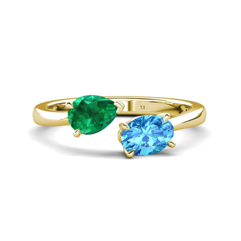 Afra 1.80 ctw Emerald Pear Shape (7x5 mm) & Blue Topaz Oval Shape (7x5 mm) Toi Et Moi Engagement Ring 