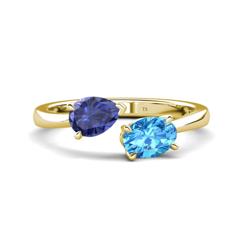 Afra 1.60 ctw Iolite Pear Shape (7x5 mm) & Blue Topaz Oval Shape (7x5 mm) Toi Et Moi Engagement Ring 