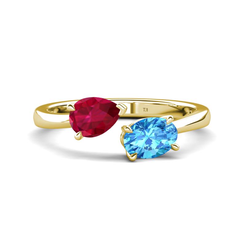 Afra 1.95 ctw Ruby Pear Shape (7x5 mm) & Blue Topaz Oval Shape (7x5 mm) Toi Et Moi Engagement Ring 