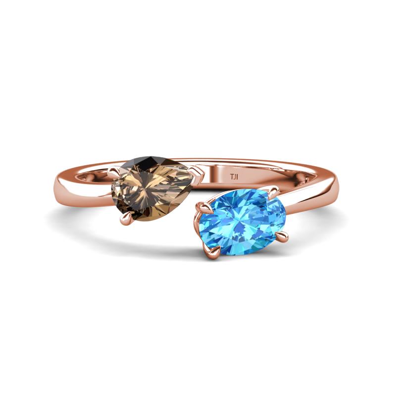 Afra 1.65 ctw Smoky Quartz Pear Shape (7x5 mm) & Blue Topaz Oval Shape (7x5 mm) Toi Et Moi Engagement Ring 