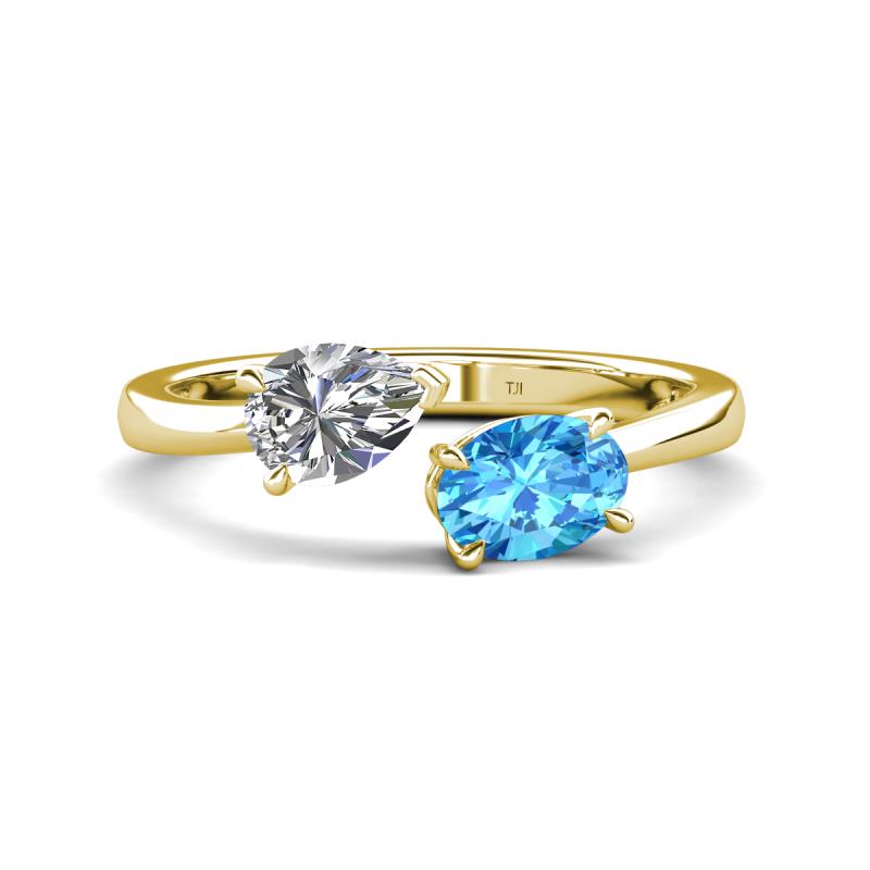 Afra 1.90 ctw White Sapphire Pear Shape (7x5 mm) & Blue Topaz Oval Shape (7x5 mm) Toi Et Moi Engagement Ring 