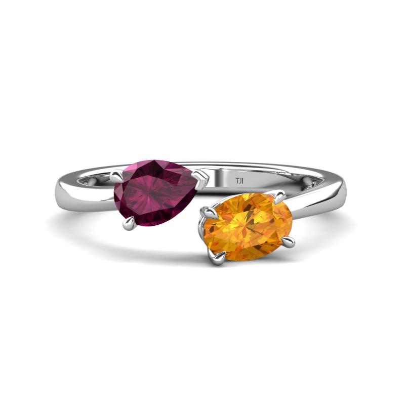 Afra 1.62 ctw Rhodolite Garnet Pear Shape (7x5 mm) & Citrine Oval Shape (7x5 mm) Toi Et Moi Engagement Ring 