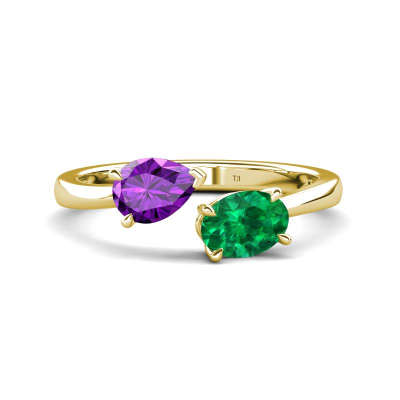 Afra 1.45 ctw Amethyst Pear Shape (7x5 mm) & Emerald Oval Shape (7x5 mm) Toi Et Moi Engagement Ring 