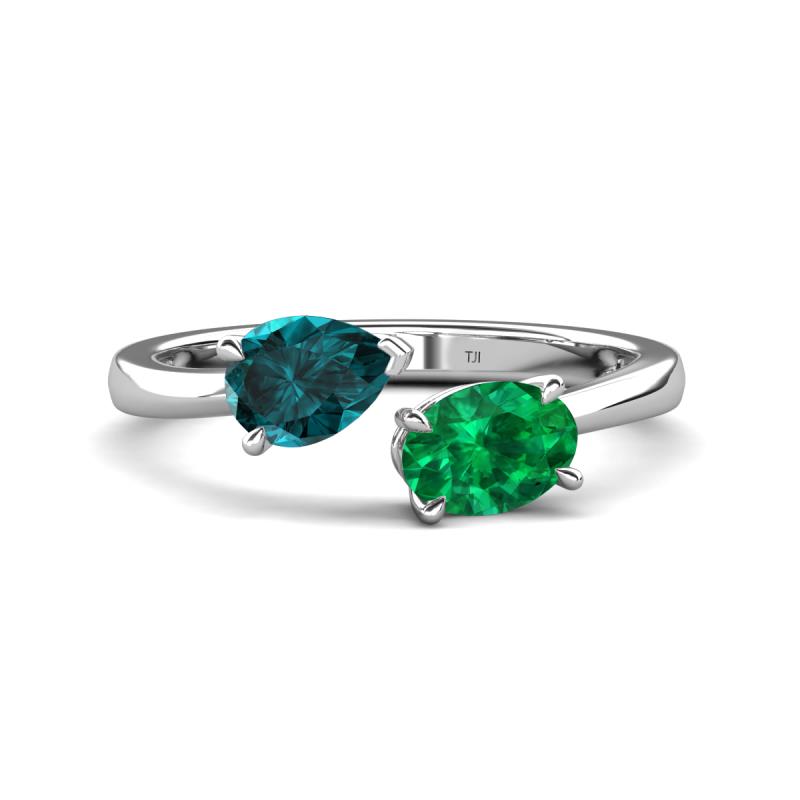 Afra 1.65 ctw London Blue Topaz Pear Shape (7x5 mm) & Emerald Oval Shape (7x5 mm) Toi Et Moi Engagement Ring 