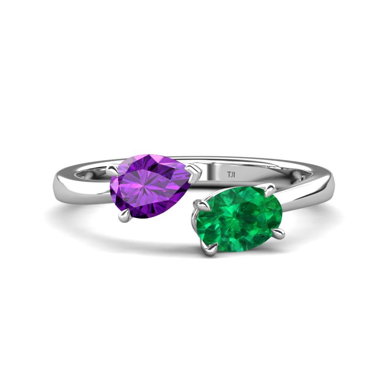 Afra 1.45 ctw Amethyst Pear Shape (7x5 mm) & Emerald Oval Shape (7x5 mm) Toi Et Moi Engagement Ring 