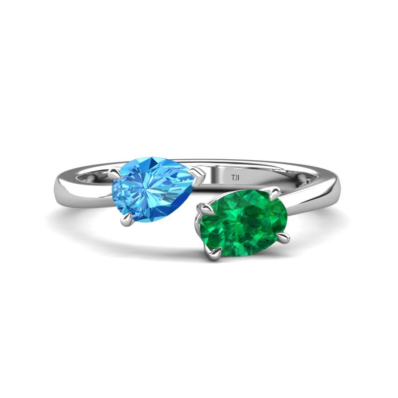 Afra 1.65 ctw Blue Topaz Pear Shape (7x5 mm) & Emerald Oval Shape (7x5 mm) Toi Et Moi Engagement Ring 