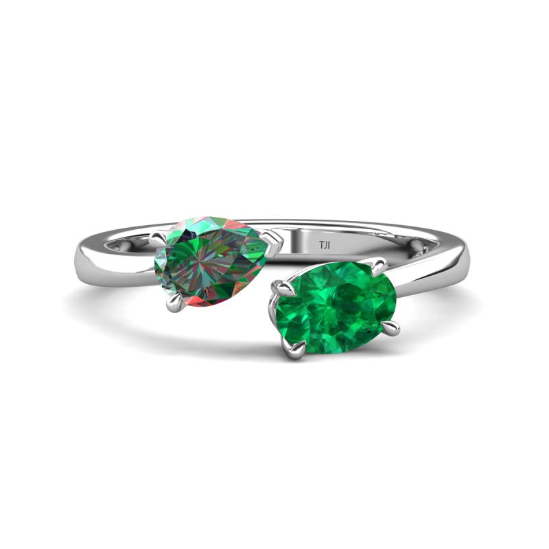Afra 1.66 ctw Lab Created Alexandrite Pear Shape (7x5 mm) & Emerald Oval Shape (7x5 mm) Toi Et Moi Engagement Ring 