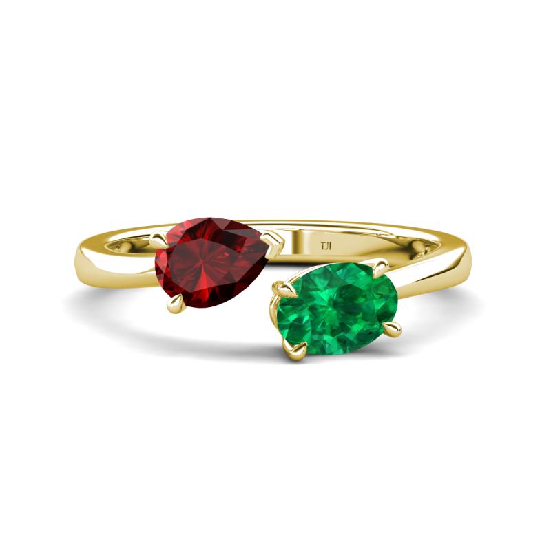 Afra 1.70 ctw Red Garnet Pear Shape (7x5 mm) & Emerald Oval Shape (7x5 mm) Toi Et Moi Engagement Ring 