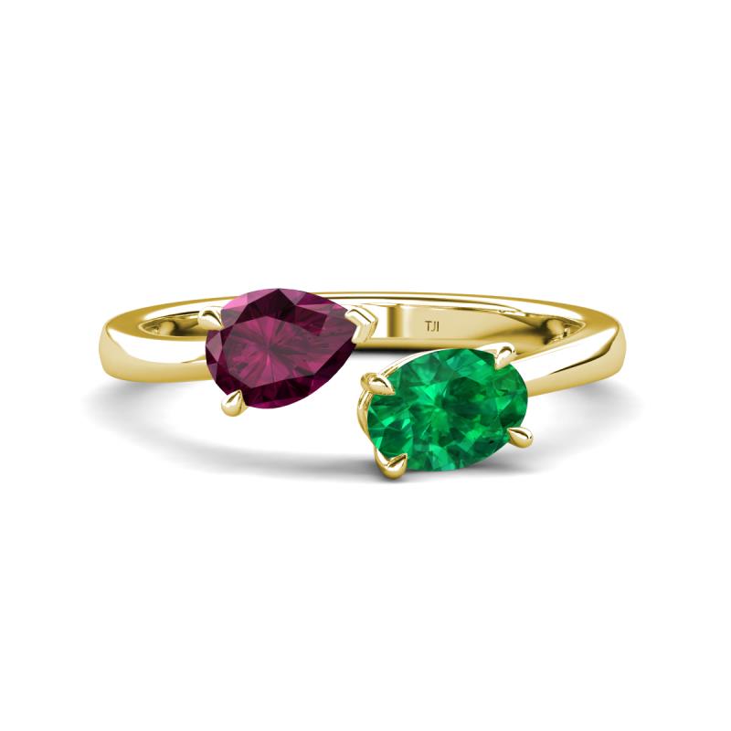 Afra 1.70 ctw Rhodolite Garnet Pear Shape (7x5 mm) & Emerald Oval Shape (7x5 mm) Toi Et Moi Engagement Ring 