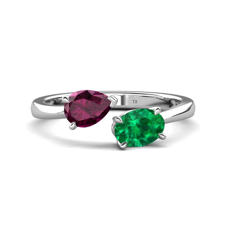 Afra 1.70 ctw Rhodolite Garnet Pear Shape (7x5 mm) & Emerald Oval Shape (7x5 mm) Toi Et Moi Engagement Ring 