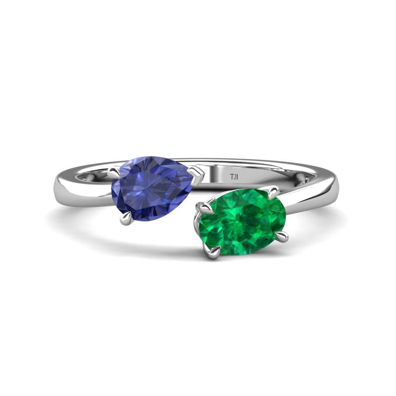 Afra 1.40 ctw Iolite Pear Shape (7x5 mm) & Emerald Oval Shape (7x5 mm) Toi Et Moi Engagement Ring 