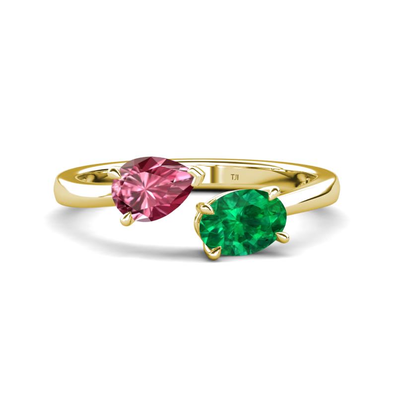 Afra 1.50 ctw Pink Tourmaline Pear Shape (7x5 mm) & Emerald Oval Shape (7x5 mm) Toi Et Moi Engagement Ring 