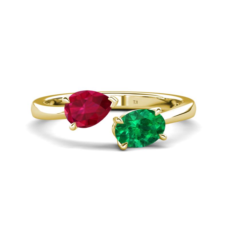 Afra 1.75 ctw Ruby Pear Shape (7x5 mm) & Emerald Oval Shape (7x5 mm) Toi Et Moi Engagement Ring 