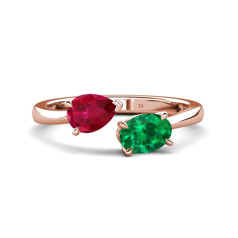 Afra 1.75 ctw Ruby Pear Shape (7x5 mm) & Emerald Oval Shape (7x5 mm) Toi Et Moi Engagement Ring 