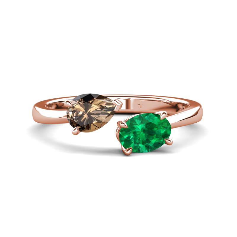 Afra 1.45 ctw Smoky Quartz Pear Shape (7x5 mm) & Emerald Oval Shape (7x5 mm) Toi Et Moi Engagement Ring 