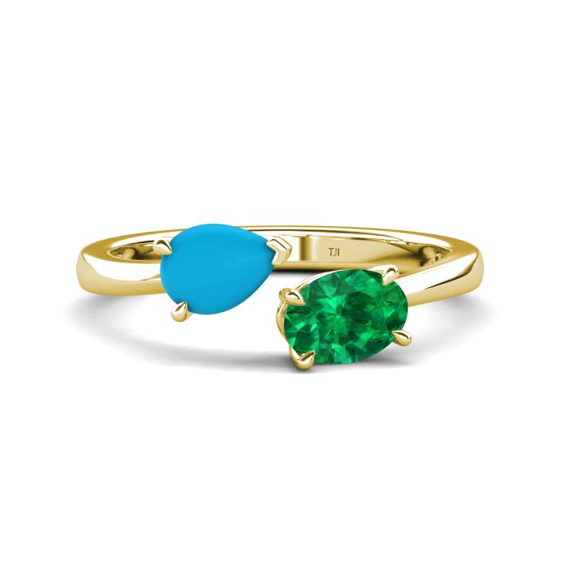 Afra 1.70 ctw Blue Sapphire Pear Shape (7x5 mm) & Emerald Oval Shape (7x5 mm) Toi Et Moi Engagement Ring 