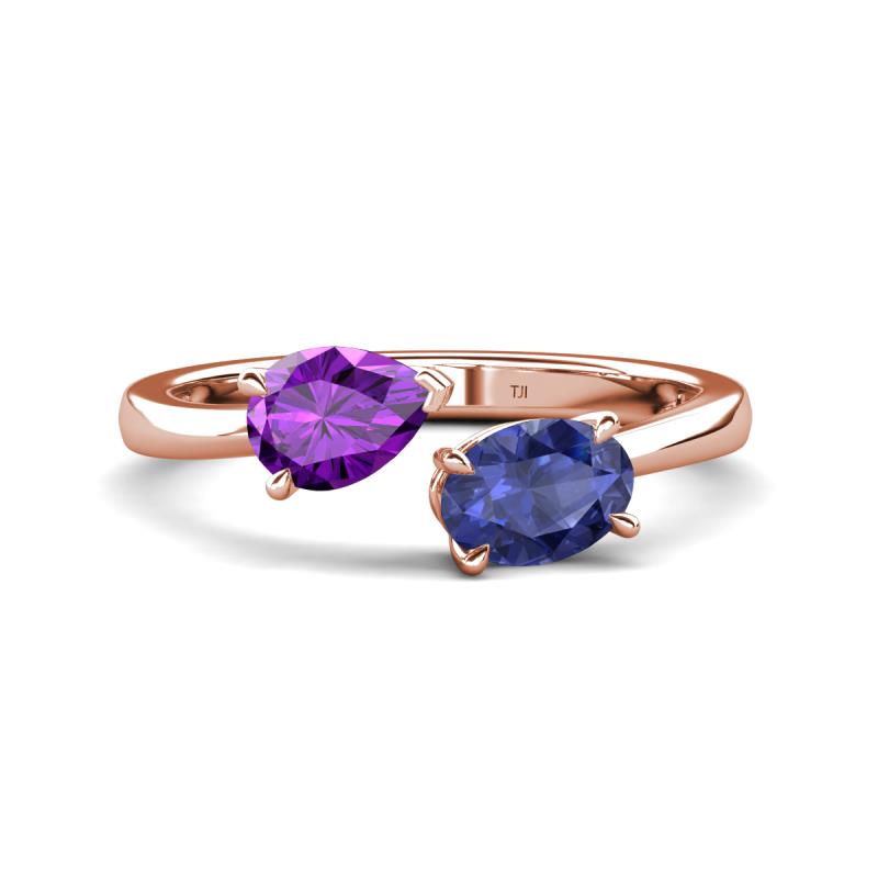 Afra 1.32 ctw Amethyst Pear Shape (7x5 mm) & Iolite Oval Shape (7x5 mm) Toi Et Moi Engagement Ring 