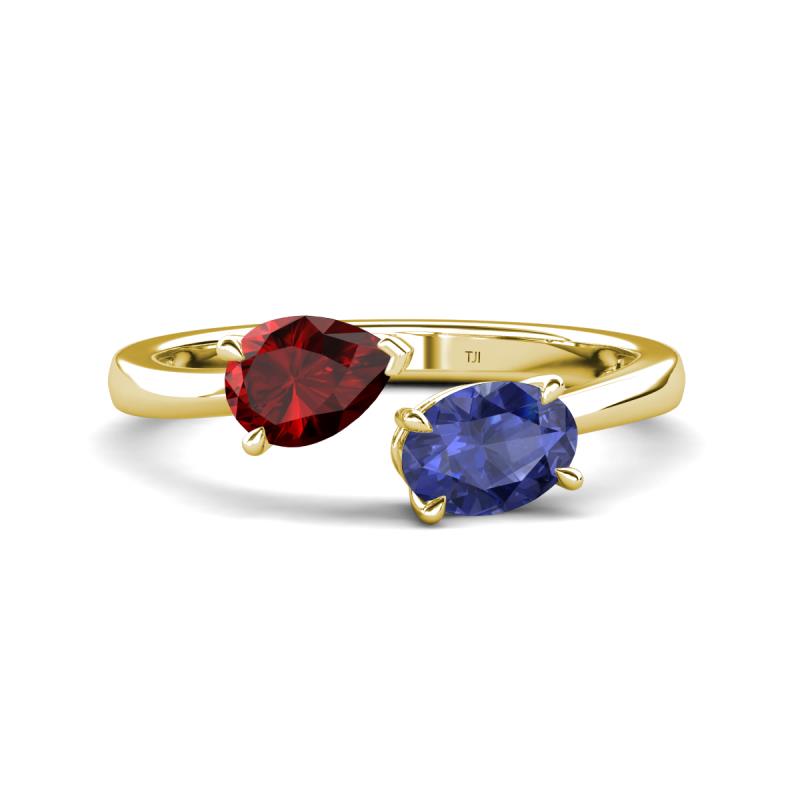 Afra 1.57 ctw Red Garnet Pear Shape (7x5 mm) & Iolite Oval Shape (7x5 mm) Toi Et Moi Engagement Ring 