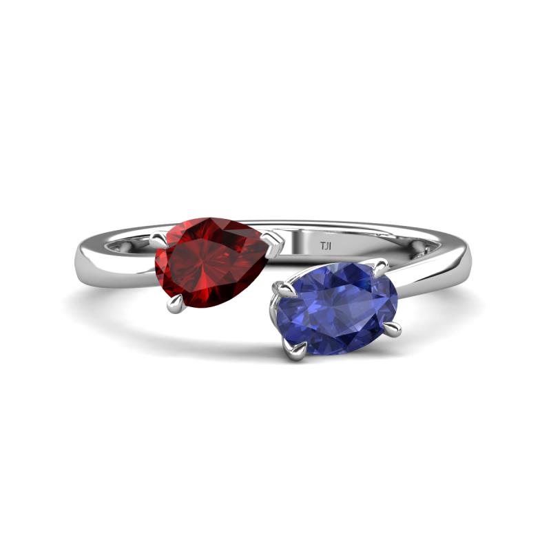 Afra 1.57 ctw Red Garnet Pear Shape (7x5 mm) & Iolite Oval Shape (7x5 mm) Toi Et Moi Engagement Ring 