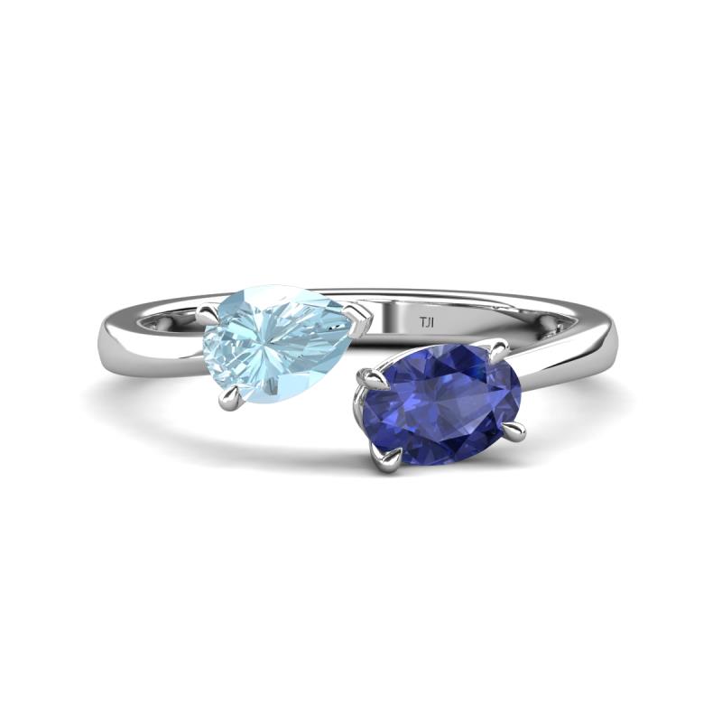 Afra 1.27 ctw Aquamarine Pear Shape (7x5 mm) & Iolite Oval Shape (7x5 mm) Toi Et Moi Engagement Ring 