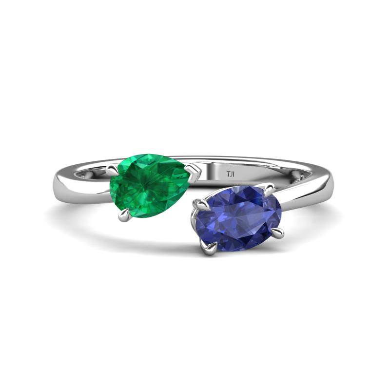 Afra 1.47 ctw Emerald Pear Shape (7x5 mm) & Iolite Oval Shape (7x5 mm) Toi Et Moi Engagement Ring 