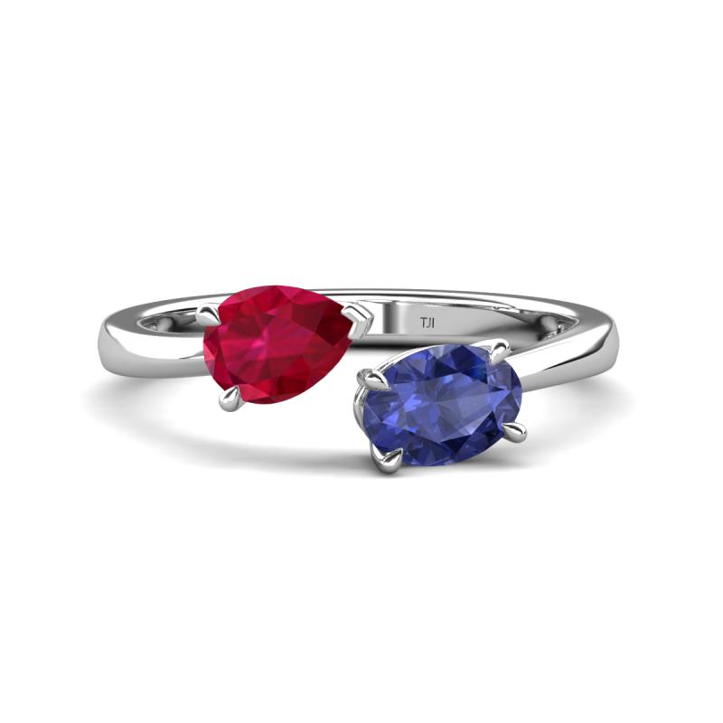 Afra 1.62 ctw Ruby Pear Shape (7x5 mm) & Iolite Oval Shape (7x5 mm) Toi Et Moi Engagement Ring 