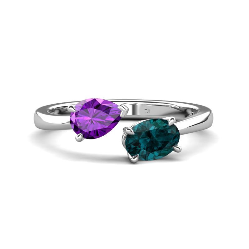 Afra 1.65 ctw Amethyst Pear Shape (7x5 mm) & London Blue Topaz Oval Shape (7x5 mm) Toi Et Moi Engagement Ring 