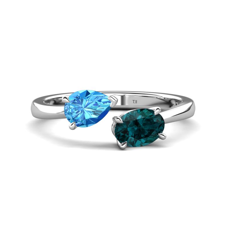 Afra 1.85 ctw Blue Topaz Pear Shape (7x5 mm) & London Blue Topaz Oval Shape (7x5 mm) Toi Et Moi Engagement Ring 