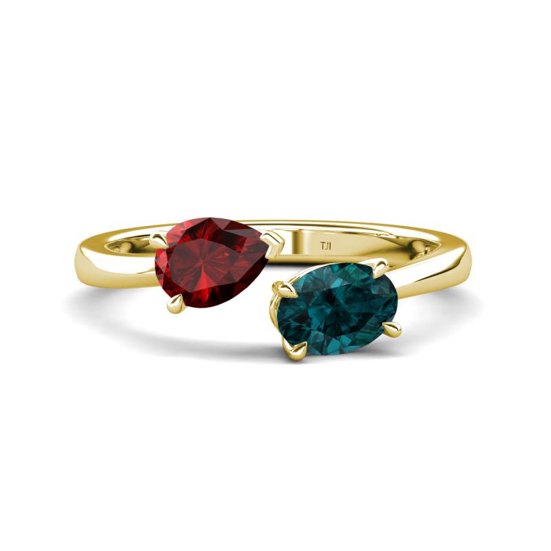 Afra 1.90 ctw Red Garnet Pear Shape (7x5 mm) & London Blue Topaz Oval Shape (7x5 mm) Toi Et Moi Engagement Ring 