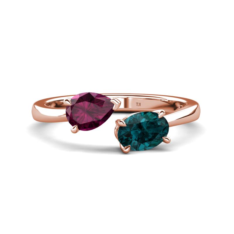 Afra 1.90 ctw Rhodolite Garnet Pear Shape (7x5 mm) & London Blue Topaz Oval Shape (7x5 mm) Toi Et Moi Engagement Ring 